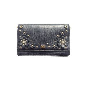 Michael Kors pebble soft navy blue leather embroidered embossed flowers wallet